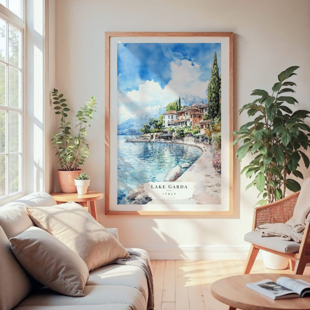 Large Framed Lake Garda Italy Watercolor Wall Art - Cozy Living Room - Portrait Large Framed Lake Garda Italy Watercolor Wall Art - Cozy Living Room - Portrait