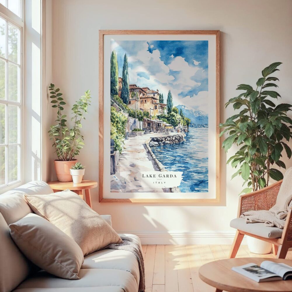 Large Framed Lake Garda Watercolor Wall Art - Cozy Living Room - Portrait Large Framed Lake Garda Watercolor Wall Art - Cozy Living Room - Portrait
