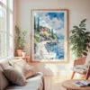 Large Framed Lake Garda Watercolor Wall Art - Cozy Living Room - Portrait