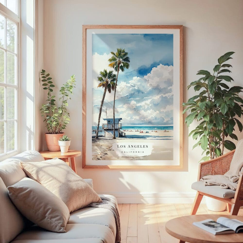 Large Framed Los Angeles Beach Watercolor Wall Art - Cozy Living Room - Portrait Large Framed Los Angeles Beach Watercolor Wall Art - Cozy Living Room - Portrait
