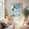 Large Framed Los Angeles Beach Watercolor Wall Art - Cozy Living Room - Portrait
