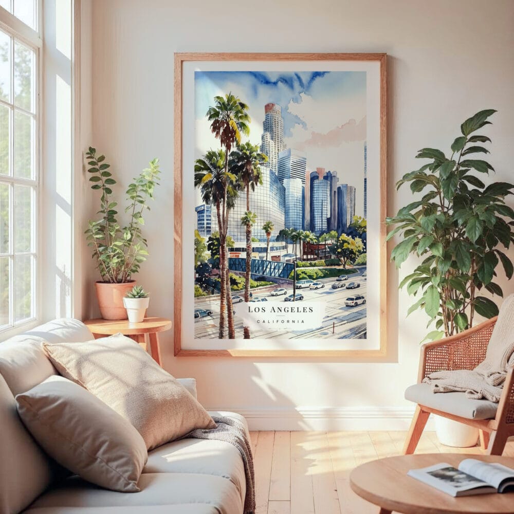 Large Framed Los Angeles Downtown Watercolor Wall Art - Cozy Living Room - Portrait Large Framed Los Angeles Downtown Watercolor Wall Art - Cozy Living Room - Portrait
