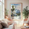 Large Framed Los Angeles Downtown Watercolor Wall Art - Cozy Living Room - Portrait