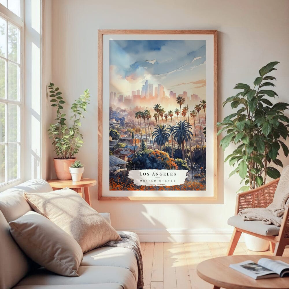 Large Framed Los Angeles Skyline Watercolor Wall Art - Cozy Living Room - Portrait Large Framed Los Angeles Skyline Watercolor Wall Art - Cozy Living Room - Portrait