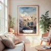 Large Framed Los Angeles Skyline Watercolor Wall Art - Cozy Living Room - Portrait