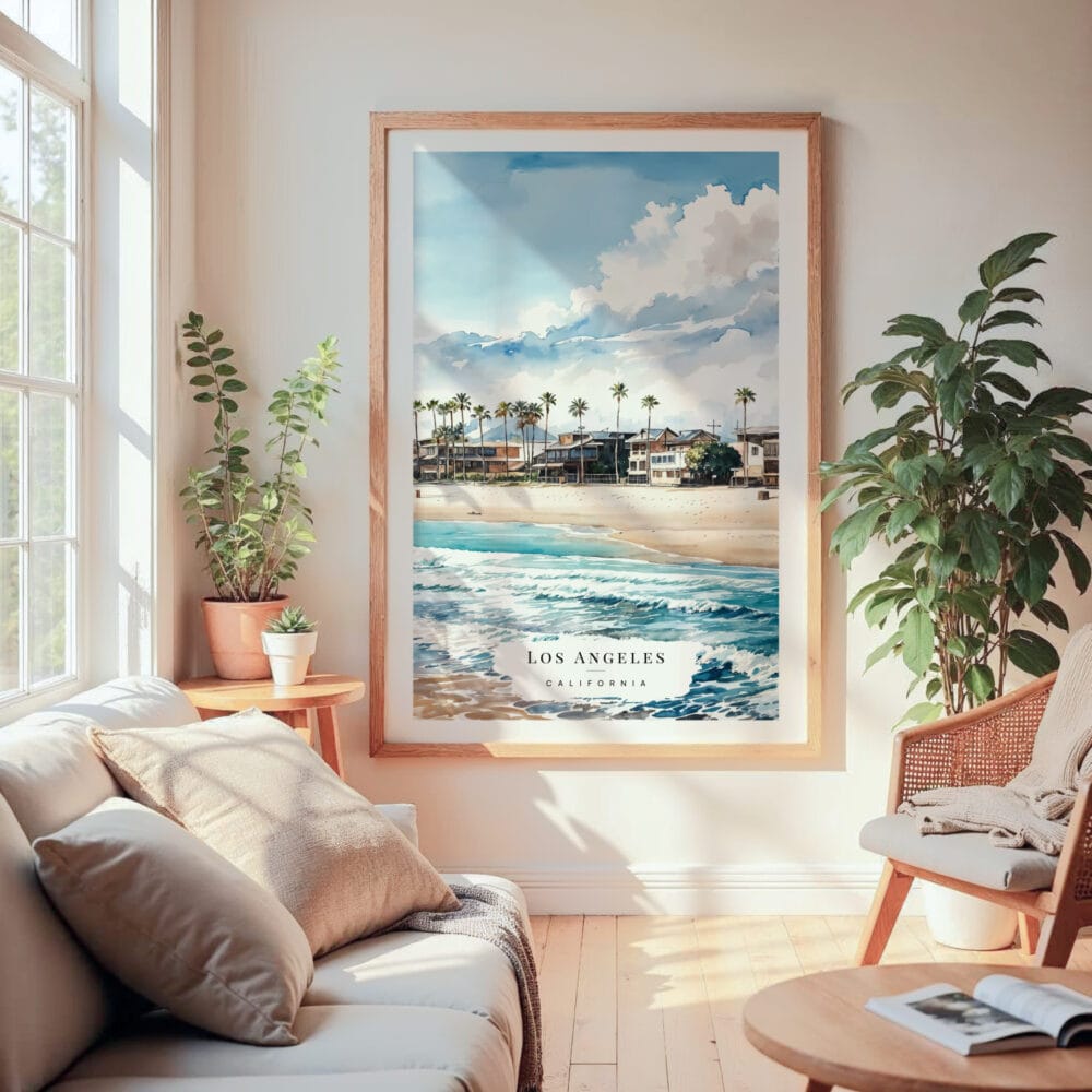 Large Framed Los Angeles Waterfront Watercolor Wall Art - Cozy Living Room - Portrait Large Framed Los Angeles Waterfront Watercolor Wall Art - Cozy Living Room - Portrait