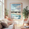 Large Framed Los Angeles Waterfront Watercolor Wall Art - Cozy Living Room - Portrait