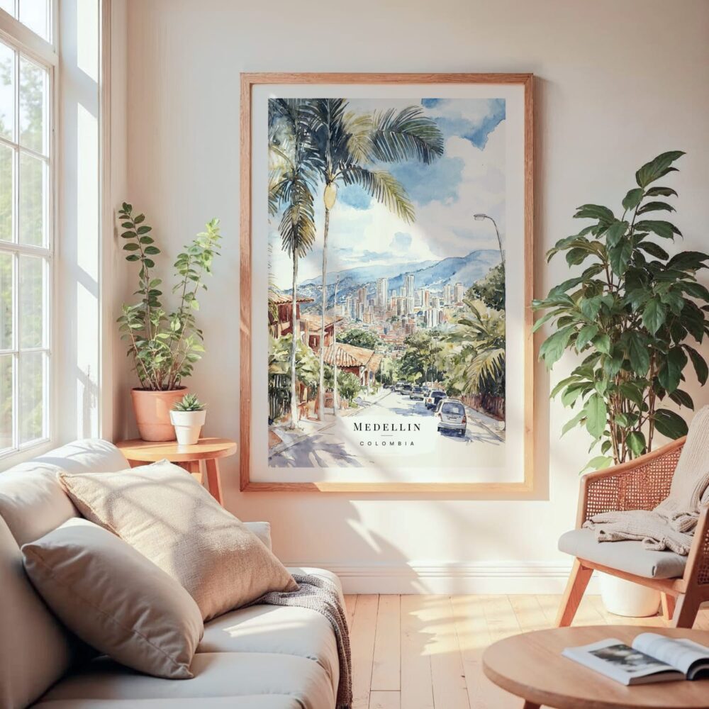 Large Framed Medellin Colombia Skyline Watercolor Wall Art - Cozy Living Room - Portrait Large Framed Medellin Colombia Skyline Watercolor Wall Art - Cozy Living Room - Portrait