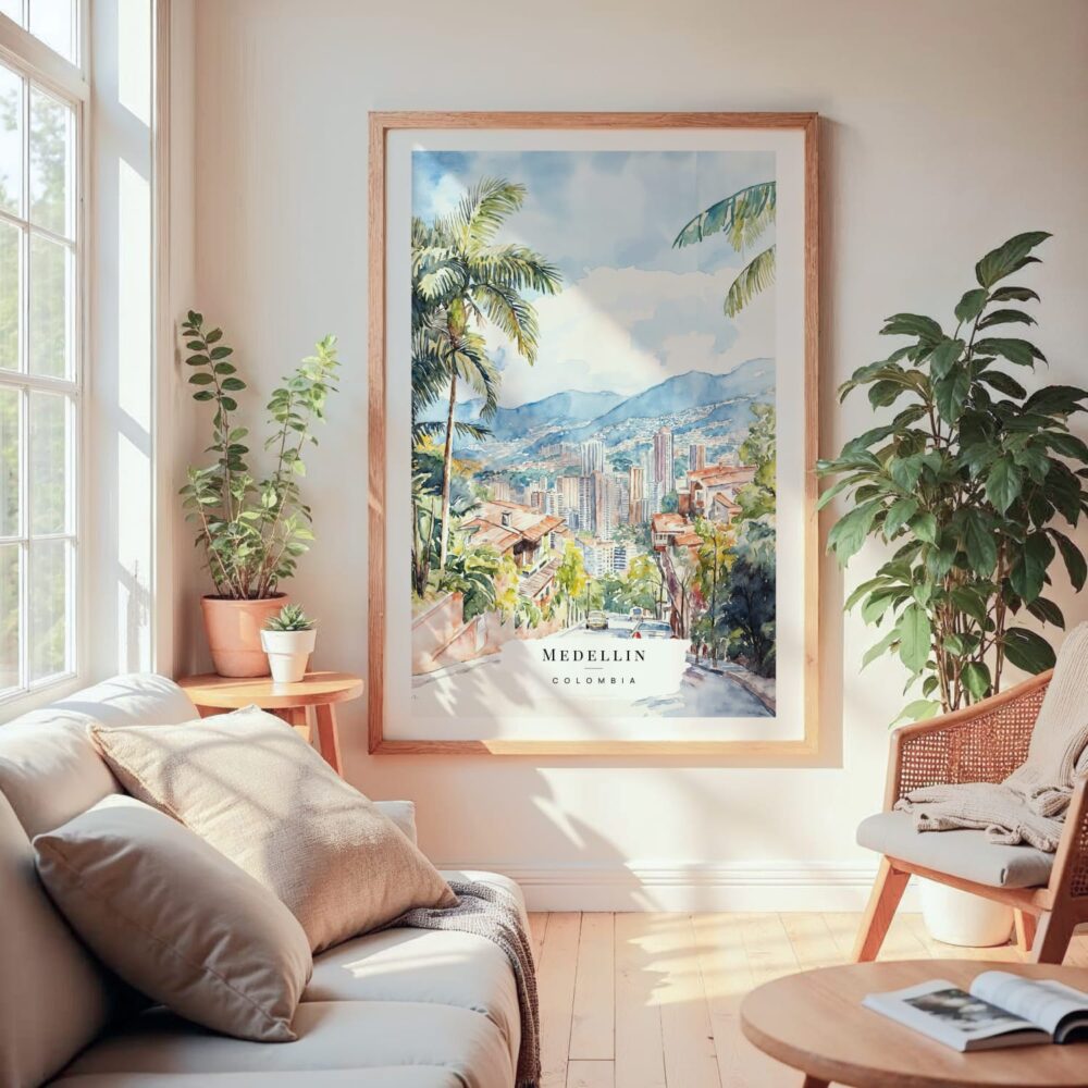 Large Framed Medellin Colombia Watercolor Wall Art - Cozy Living Room - Portrait Large Framed Medellin Colombia Watercolor Wall Art - Cozy Living Room - Portrait