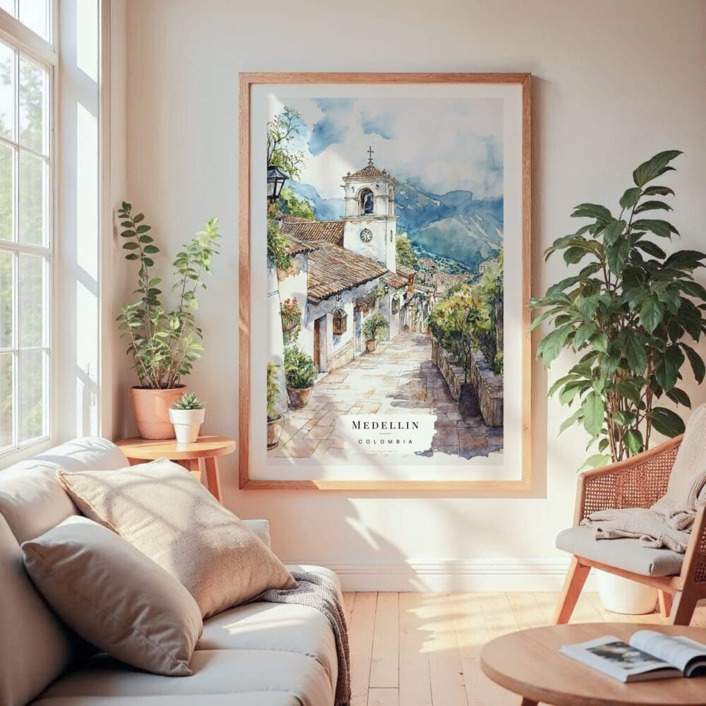 Large Framed Medellin Old Town Watercolor Wall Art - Cozy Living Room - Portrait Large Framed Medellin Old Town Watercolor Wall Art - Cozy Living Room - Portrait
