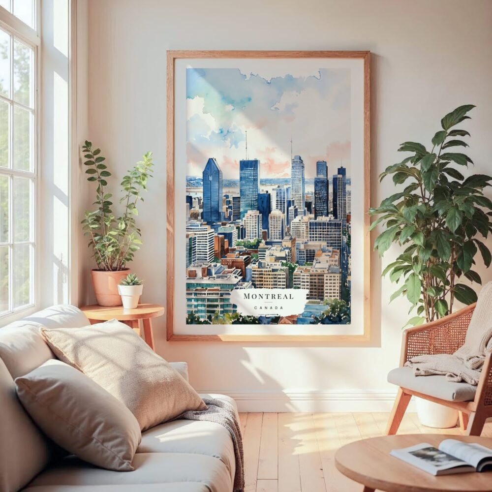 Large Framed Montreal Skyline Watercolor Wall Art - Cozy Living Room - Portrait Large Framed Montreal Skyline Watercolor Wall Art - Cozy Living Room - Portrait