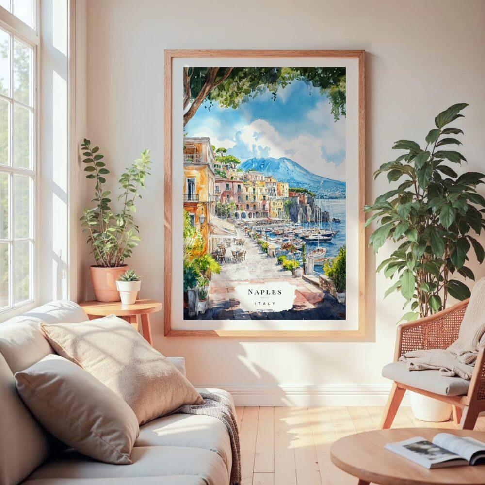 Large Framed Naples Italy Watercolor Wall Art - Cozy Living Room - Portrait Large Framed Naples Italy Watercolor Wall Art - Cozy Living Room - Portrait