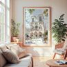 Large Framed Notre Dame Cathedral Watercolor Wall Art - Cozy Living Room - Portrait