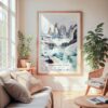 Large Framed Patagonia Torres Del Paines Watercolor Wall Art - Cozy Living Room - Portrait