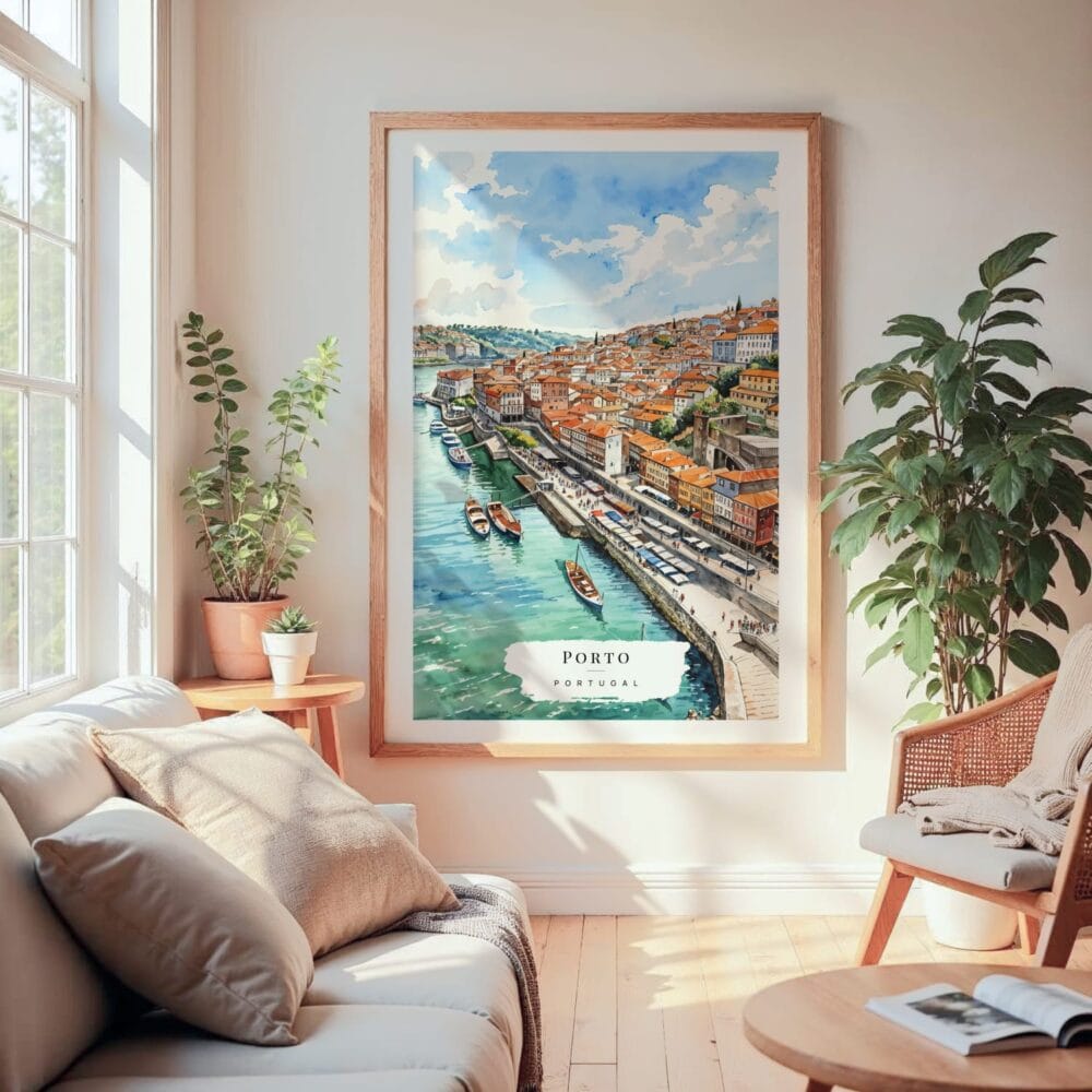 Large Framed Porto Skyline Watercolor Wall Art - Cozy Living Room - Portrait Large Framed Porto Skyline Watercolor Wall Art - Cozy Living Room - Portrait