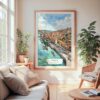 Large Framed Porto Skyline Watercolor Wall Art - Cozy Living Room - Portrait