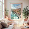 Large Framed Porto Skyline Watercolor Wall Art - Cozy Living Room - Portrait