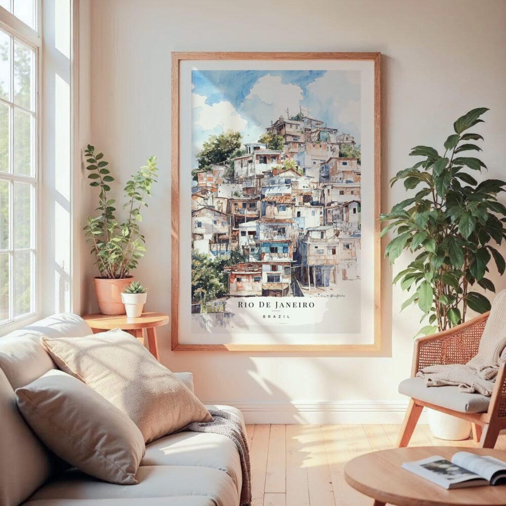 Large Framed Rio De Janeiro Favela Watercolor Wall Art - Cozy Living Room - Portrait Large Framed Rio De Janeiro Favela Watercolor Wall Art - Cozy Living Room - Portrait