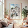 Large Framed Rio De Janeiro Favela Watercolor Wall Art - Cozy Living Room - Portrait