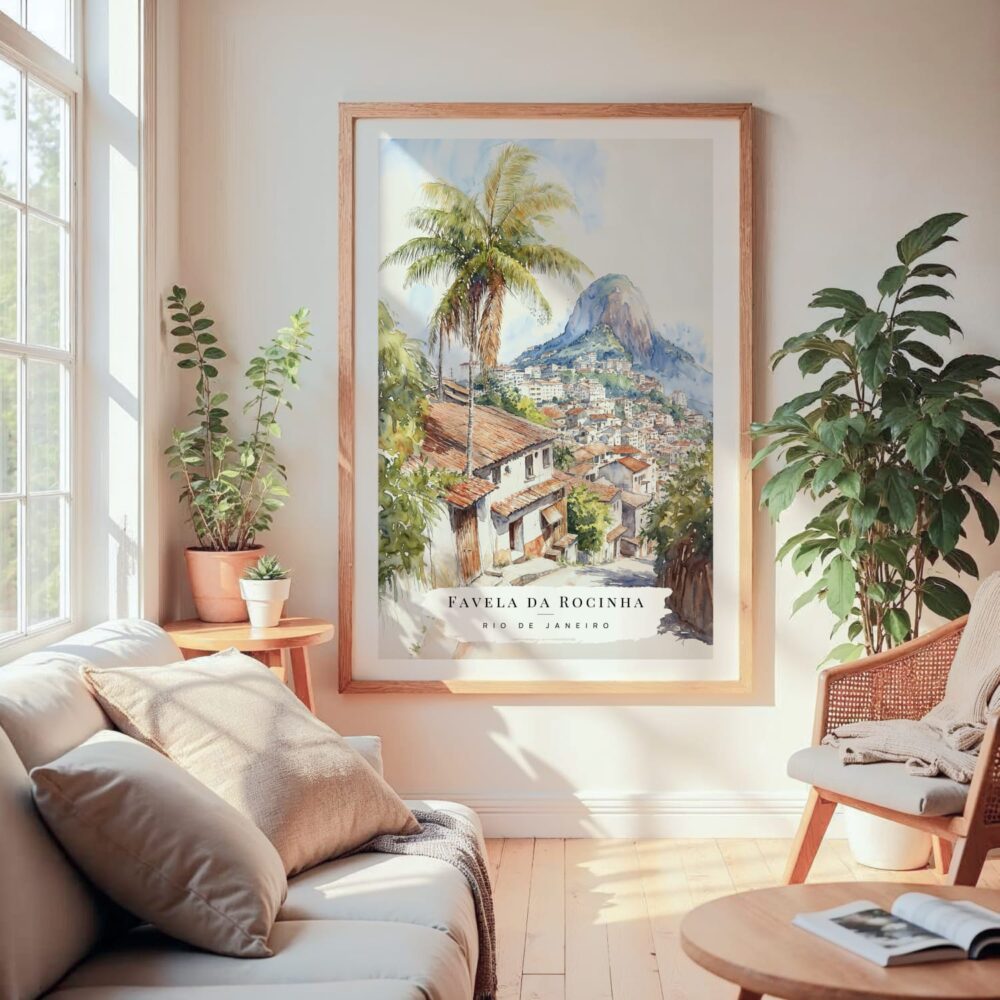 Large Framed Rio De Janeiro Rocinha Favela Watercolor Wall Art - Cozy Living Room - Portrait Large Framed Rio De Janeiro Rocinha Favela Watercolor Wall Art - Cozy Living Room - Portrait