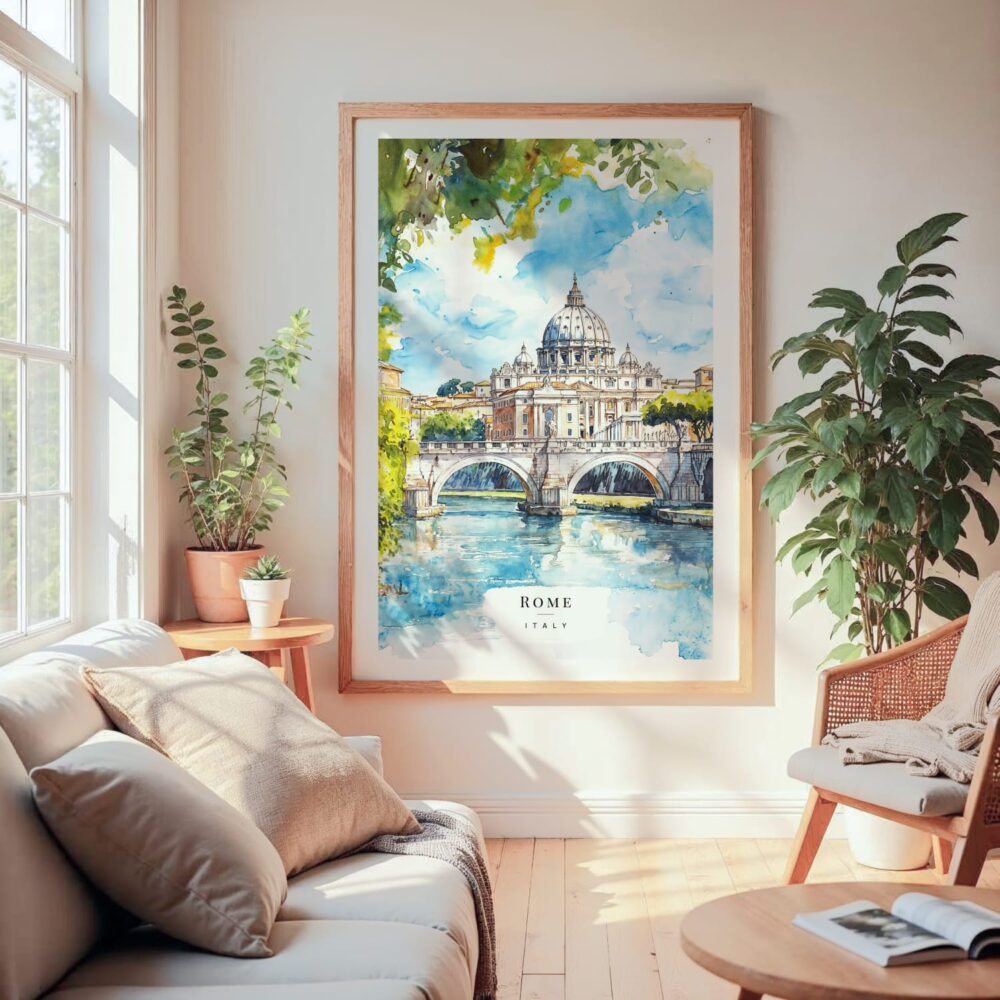 Large Framed Rome Italy Watercolor Wall Art - Cozy Living Room - Portrait Large Framed Rome Italy Watercolor Wall Art - Cozy Living Room - Portrait