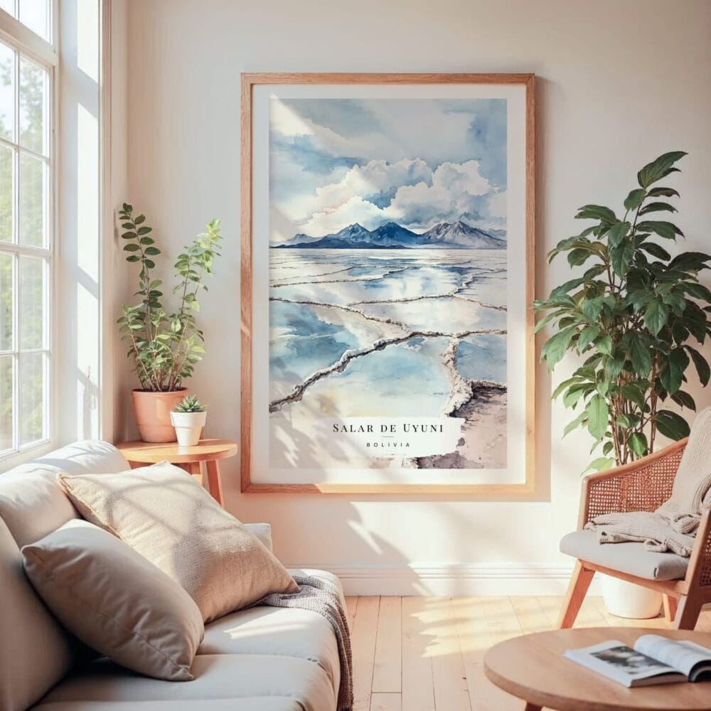 Large Framed Salar de Uyuni Watercolor Wall Art - Cozy Living Room - Portrait Large Framed Salar de Uyuni Watercolor Wall Art - Cozy Living Room - Portrait