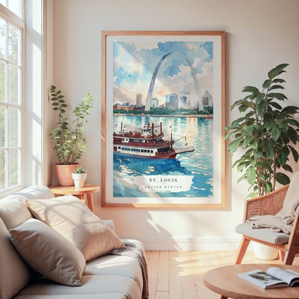 Large Framed St Louis Skyline Watercolor Wall Art - Cozy Living Room - Portrait Large Framed St Louis Skyline Watercolor Wall Art - Cozy Living Room - Portrait