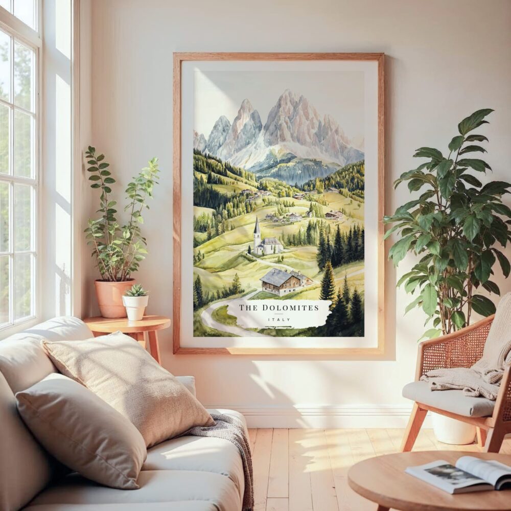 Large Framed The Dolomites Watercolor Wall Art - Cozy Living Room - Portrait Large Framed The Dolomites Watercolor Wall Art - Cozy Living Room - Portrait