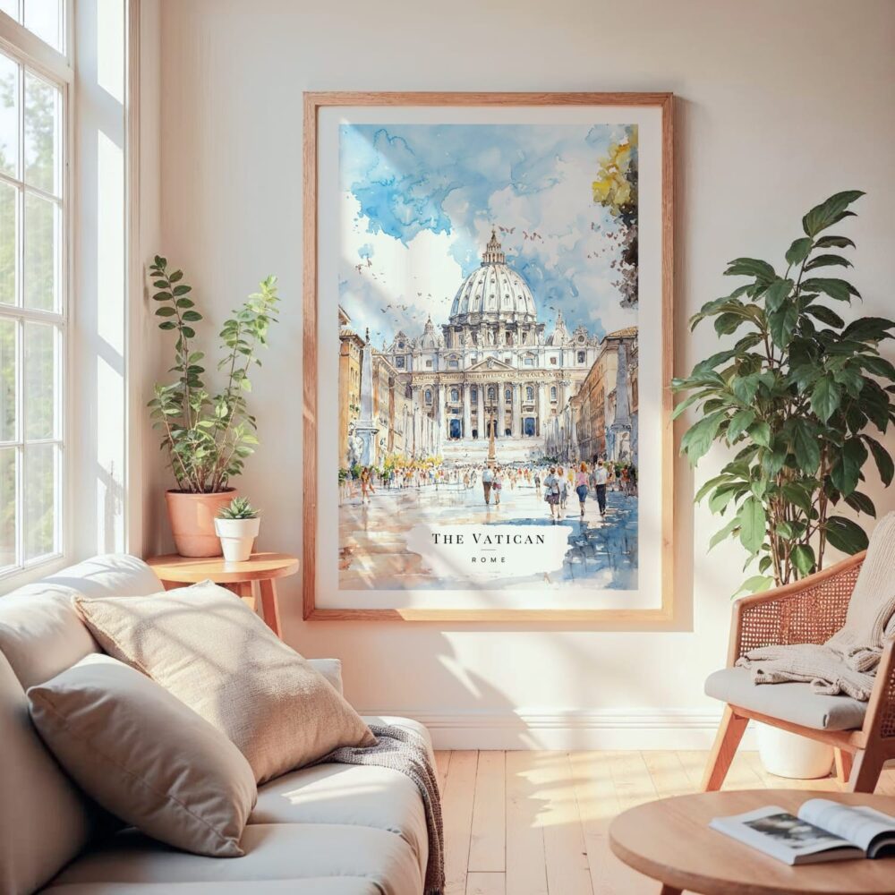 Large Framed The Vatican Watercolor Wall Art - Cozy Living Room - Portrait Large Framed The Vatican Watercolor Wall Art - Cozy Living Room - Portrait