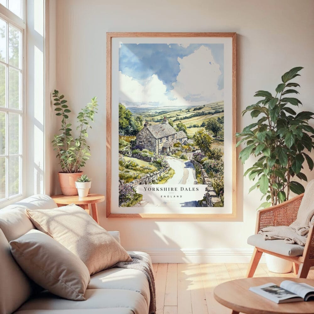 Large Framed Yorkshire Dales Watercolor Wall Art - Cozy Living Room - Portrait Large Framed Yorkshire Dales Watercolor Wall Art - Cozy Living Room - Portrait