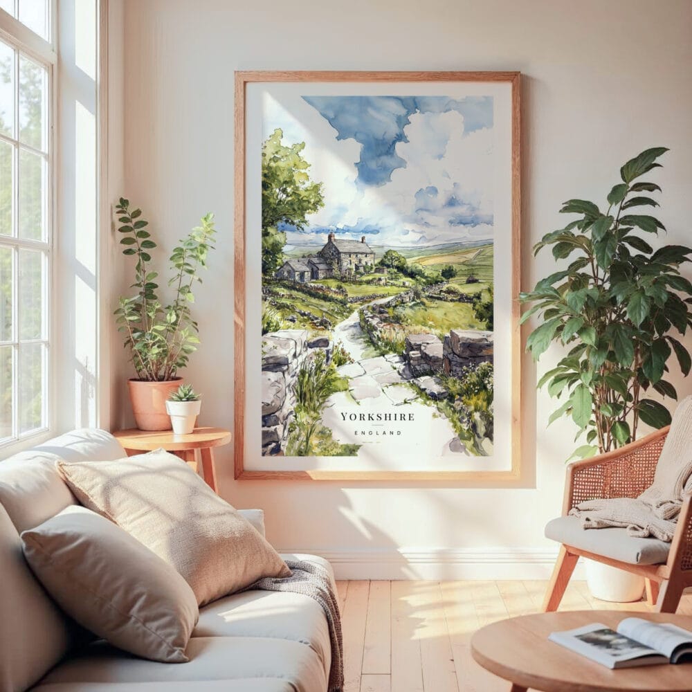 Large Framed Yorkshire Stone Cottage Watercolor Wall Art - Cozy Living Room - Portrait Large Framed Yorkshire Stone Cottage Watercolor Wall Art - Cozy Living Room - Portrait