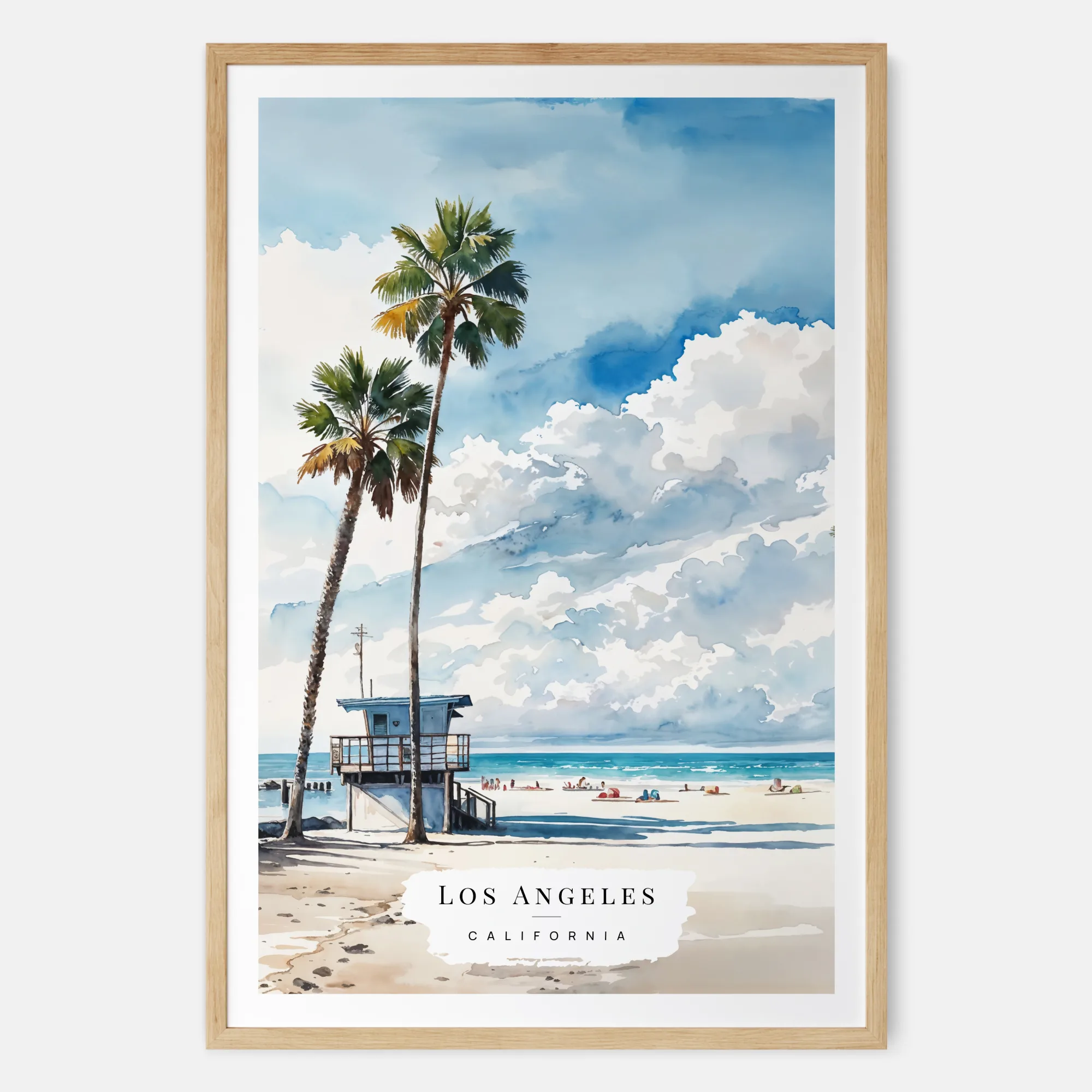 Los Angeles Beach Watercolor Print with Lifeguard Tower and Palms