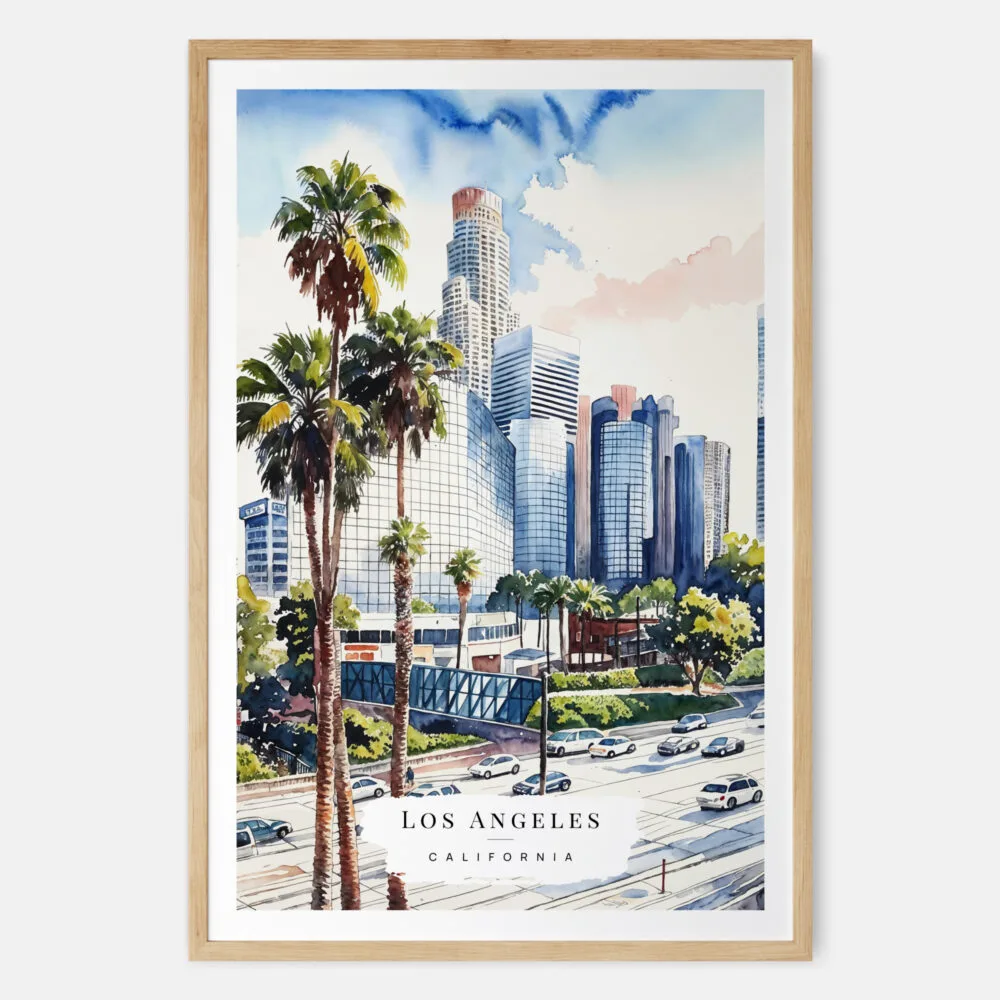 Los Angeles Downtown Watercolor Art Print - Main - Wood Frame Los Angeles Downtown Watercolor Art Print - Main - Wood Frame