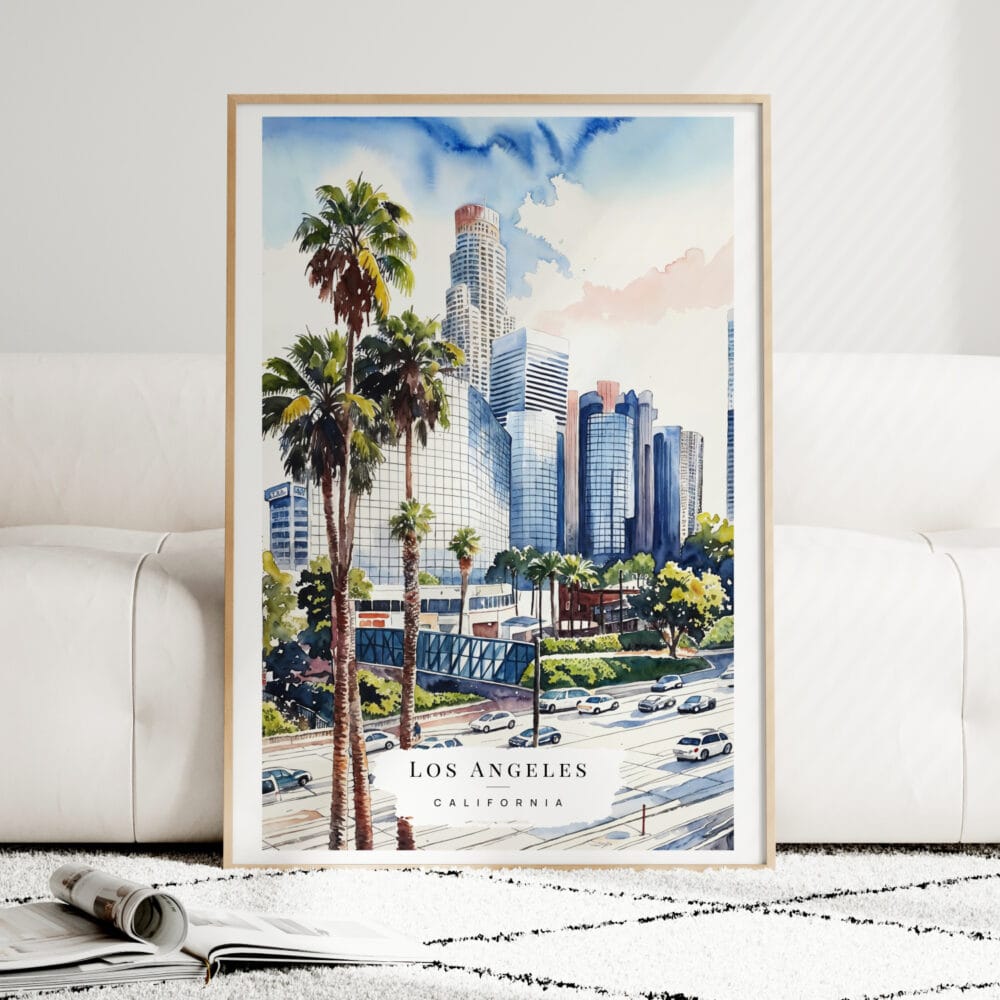 Los Angeles Downtown Watercolor Art Print - Wood Frame standing on Floor Los Angeles Downtown Watercolor Art Print - Wood Frame standing on Floor