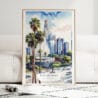 Los Angeles Downtown Watercolor Art Print - Wood Frame standing on Floor