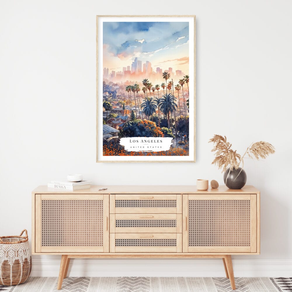 Los Angeles Skyline Watercolor Art Print - Shelf - Portrait Los Angeles Skyline Watercolor Art Print - Shelf - Portrait
