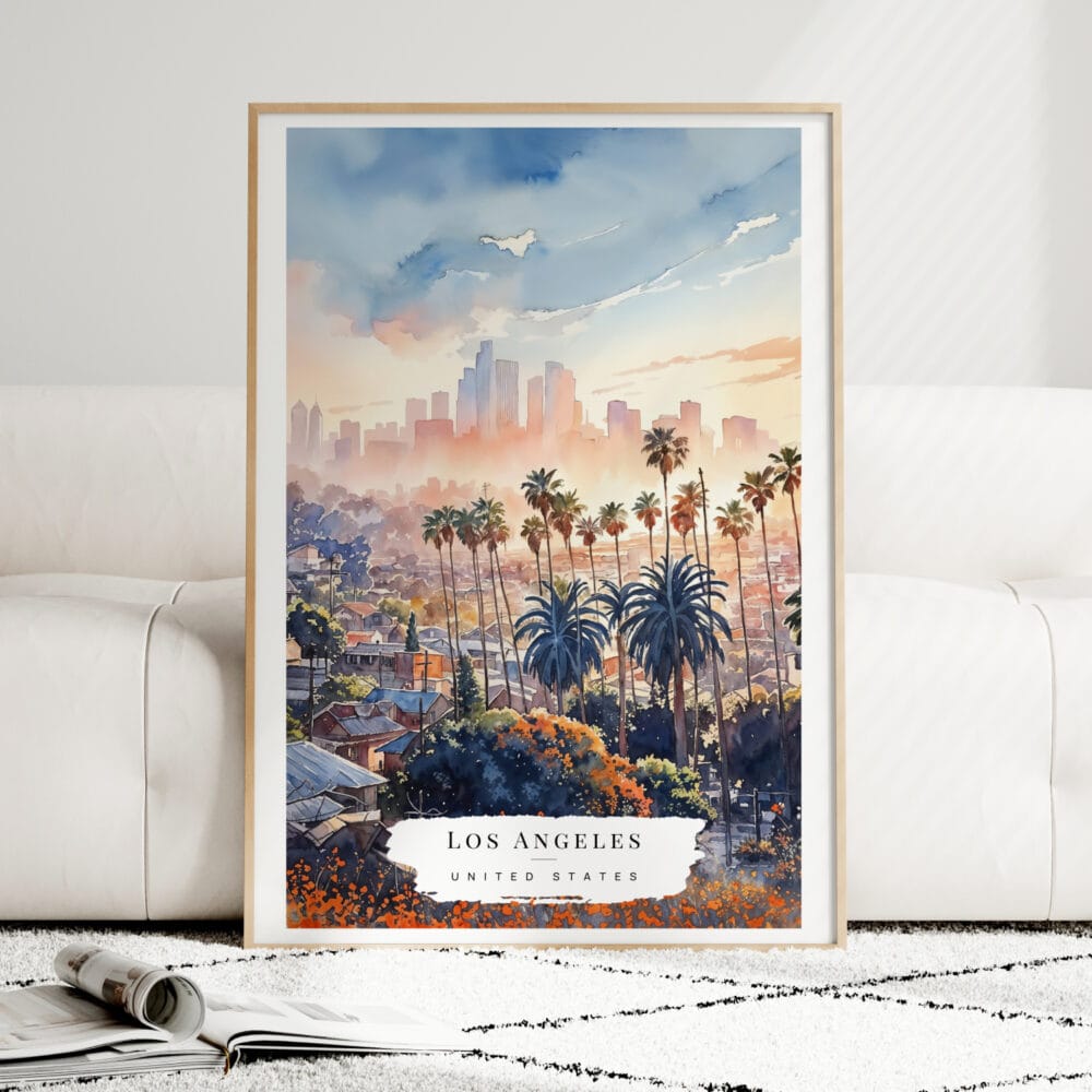Los Angeles Skyline Watercolor Art Print - Wood Frame standing on Floor Los Angeles Skyline Watercolor Art Print - Wood Frame standing on Floor