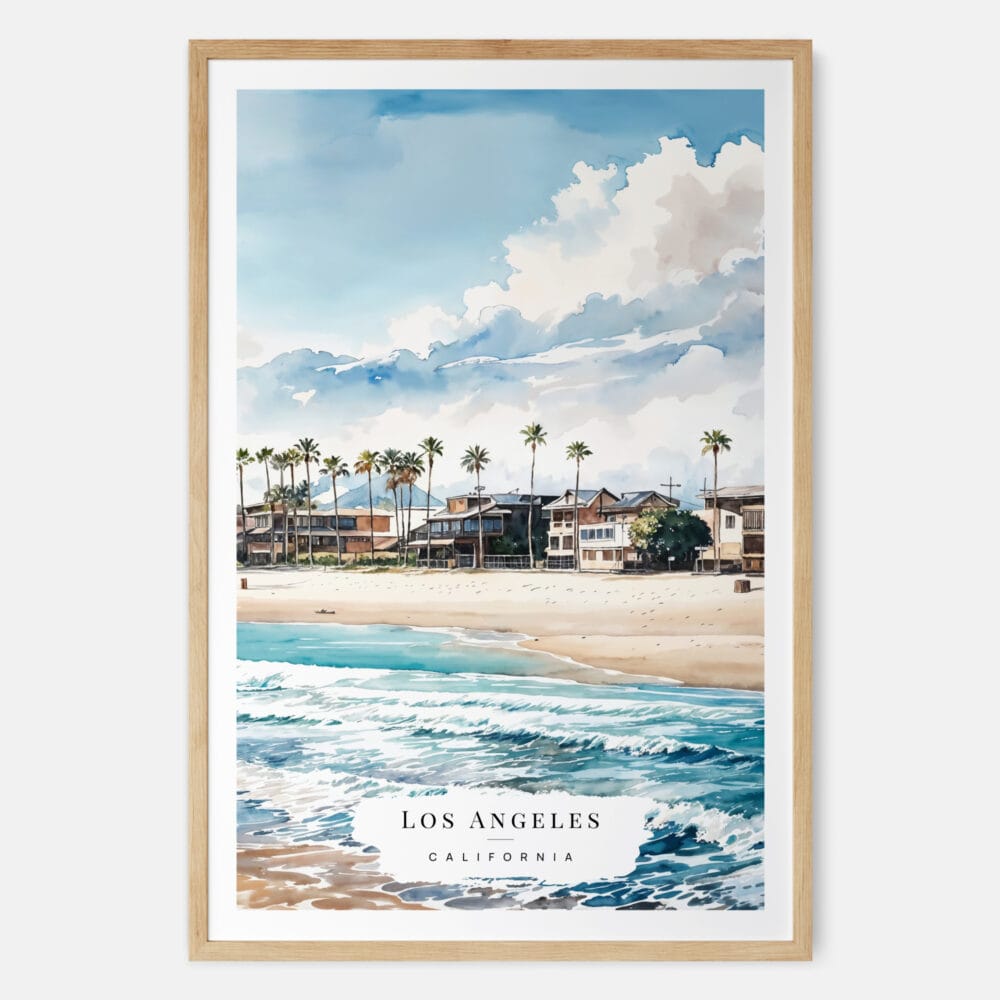Los Angeles Waterfront Watercolor Art Print - Main - Wood Frame