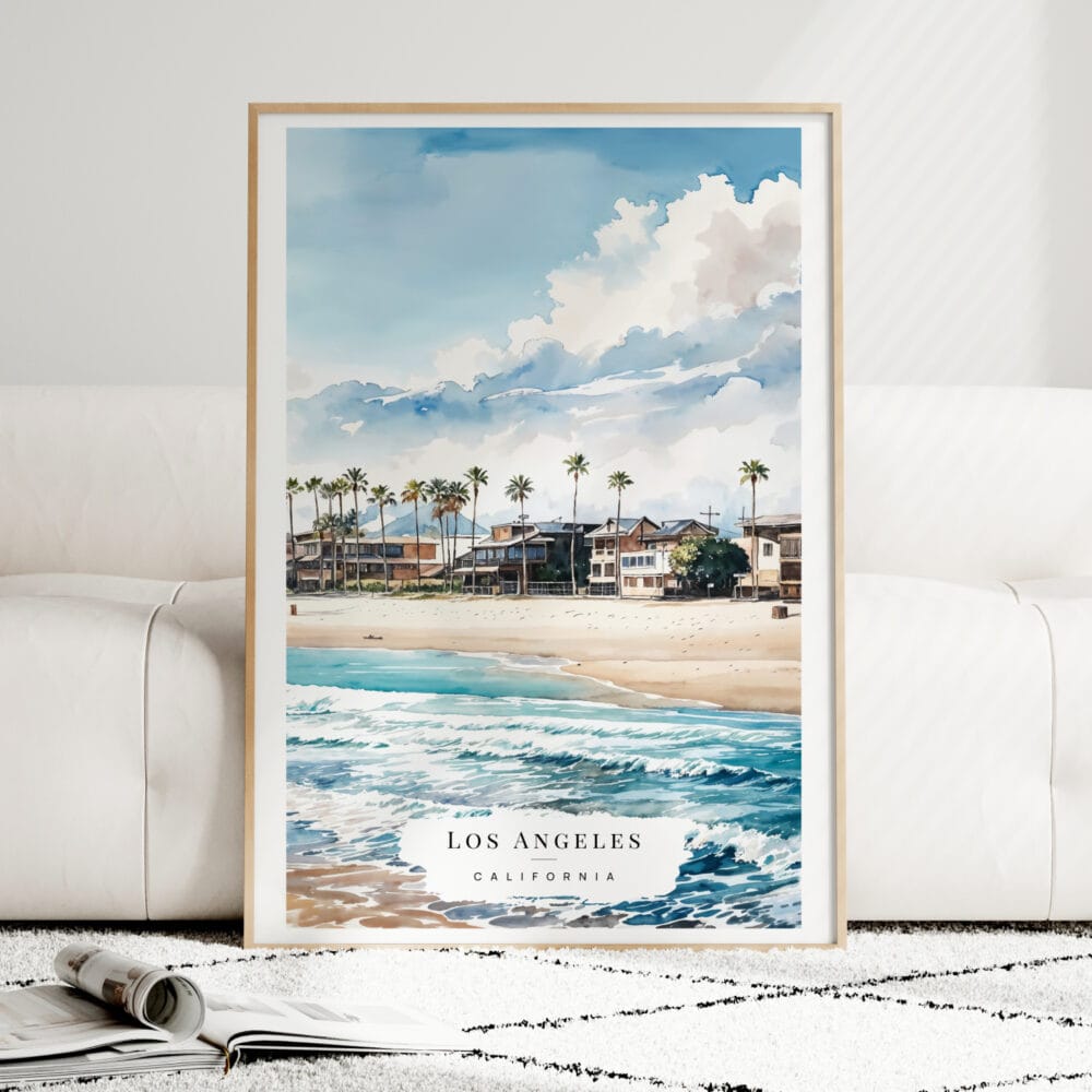 Los Angeles Waterfront Watercolor Art Print - Wood Frame standing on Floor Los Angeles Waterfront Watercolor Art Print - Wood Frame standing on Floor