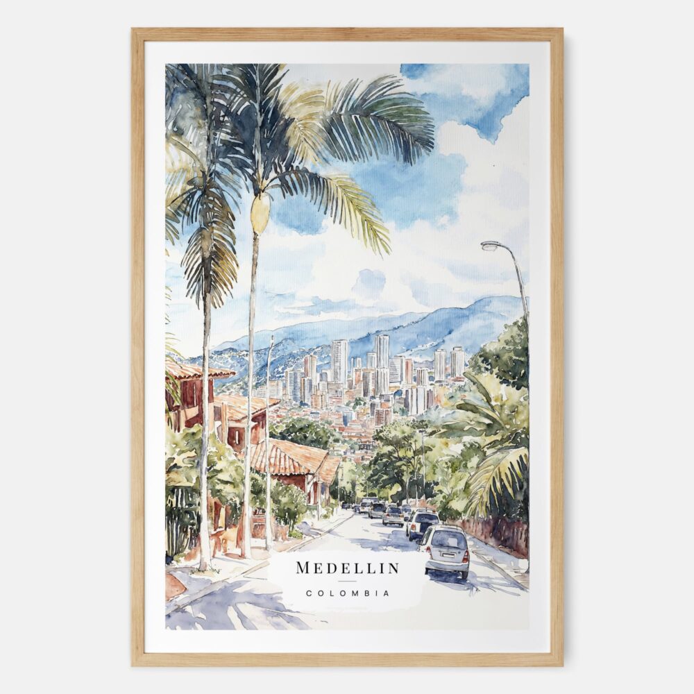 Medellin Colombia Skyline Watercolor Art Print - Main - Wood Frame