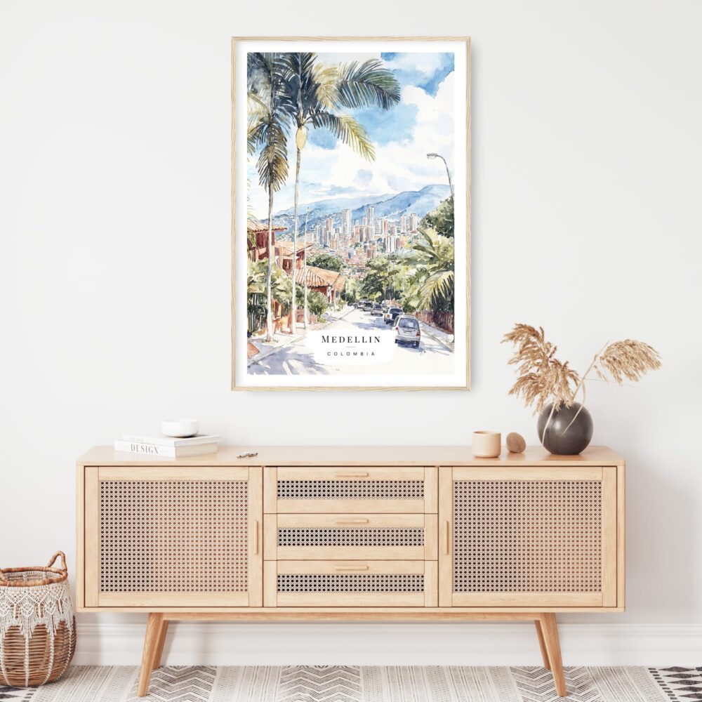 Medellin Colombia Skyline Watercolor Art Print - Shelf - Portrait Medellin Colombia Skyline Watercolor Art Print - Shelf - Portrait