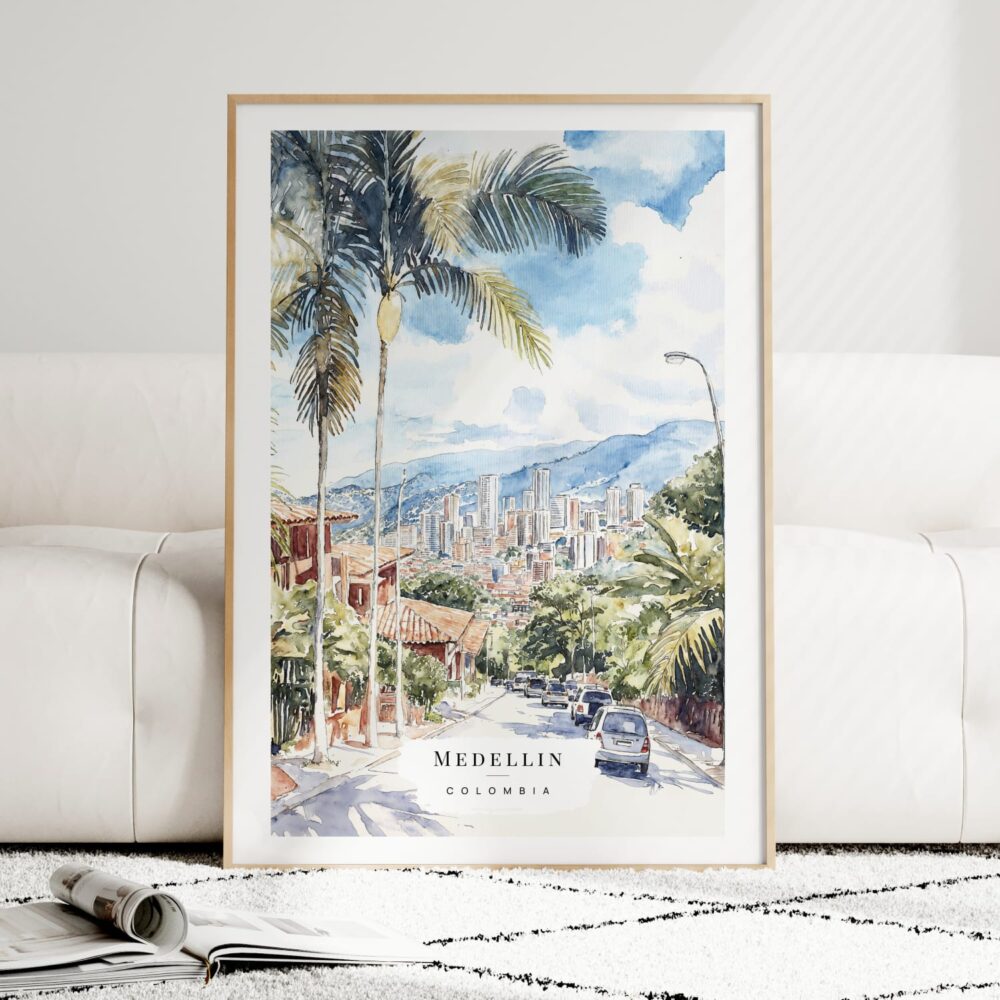 Medellin Colombia Skyline Watercolor Art Print - Wood Frame standing on Floor Medellin Colombia Skyline Watercolor Art Print - Wood Frame standing on Floor