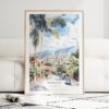 Medellin Colombia Skyline Watercolor Art Print - Wood Frame standing on Floor