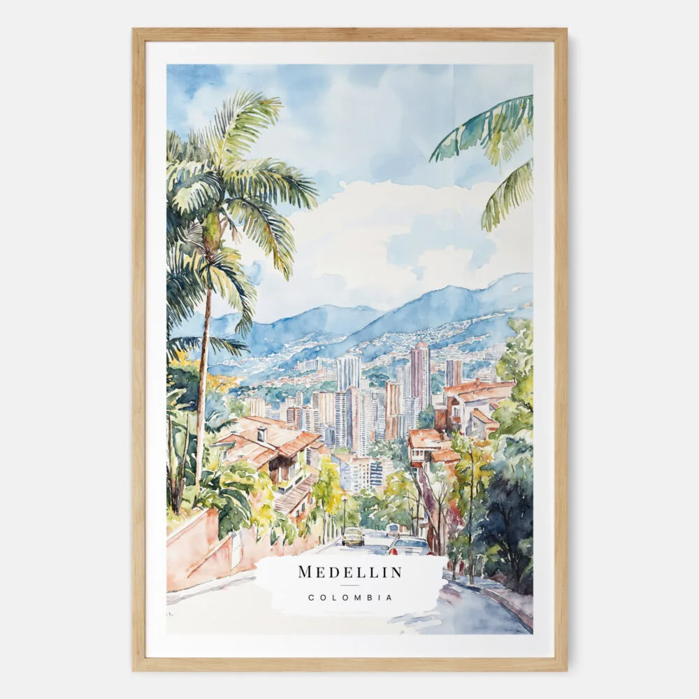 Medellin Colombia Watercolor Art Print - Main - Wood Frame Medellin Colombia Watercolor Art Print - Main - Wood Frame