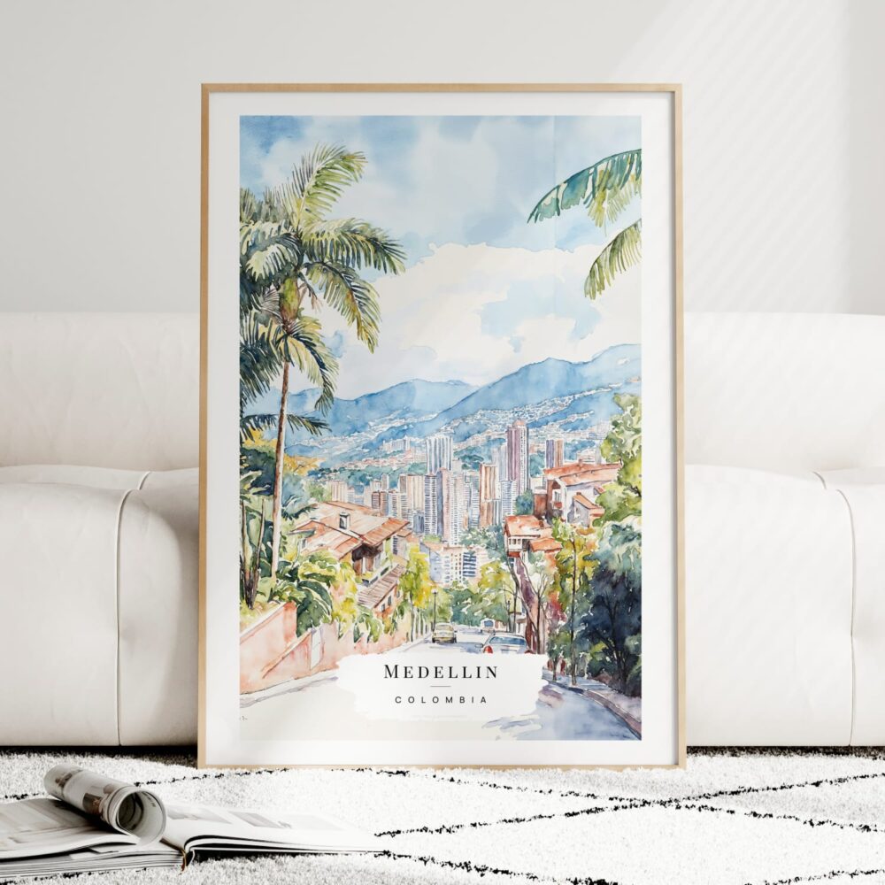 Medellin Colombia Watercolor Art Print - Wood Frame standing on Floor Medellin Colombia Watercolor Art Print - Wood Frame standing on Floor