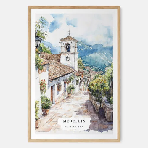 Medellin Old Town Watercolor Art Print - Main - Wood Frame