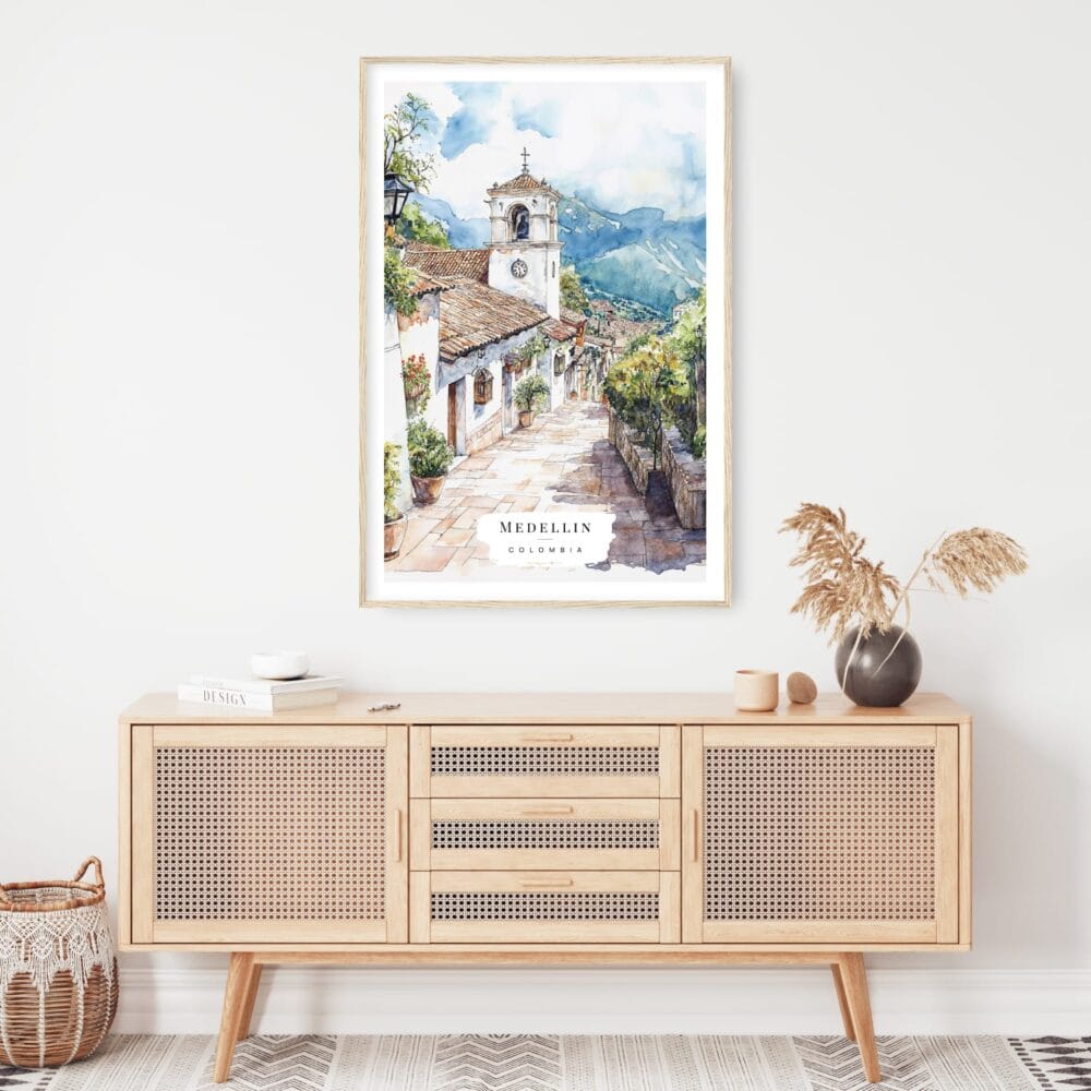 Medellin Old Town Watercolor Art Print - Shelf - Portrait Medellin Old Town Watercolor Art Print - Shelf - Portrait