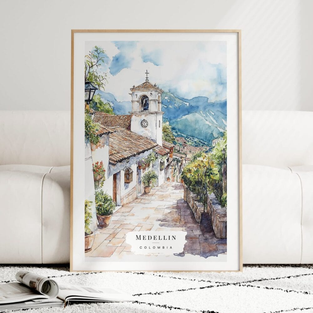 Medellin Old Town Watercolor Art Print - Wood Frame standing on Floor Medellin Old Town Watercolor Art Print - Wood Frame standing on Floor
