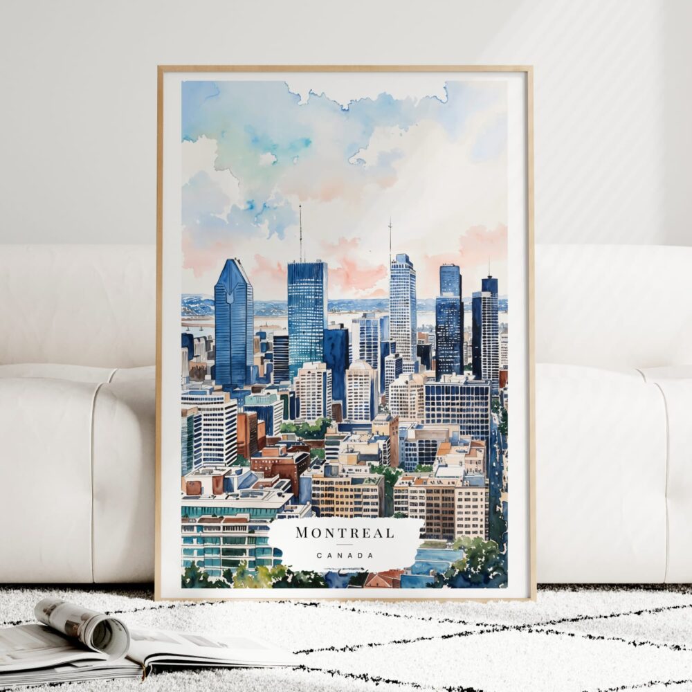 Montreal Skyline Watercolor Art Print - Wood Frame standing on Floor Montreal Skyline Watercolor Art Print - Wood Frame standing on Floor