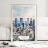 Montreal Skyline Watercolor Art Print - Wood Frame standing on Floor